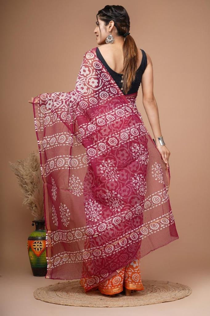 Pure Hand Block Printed Kota Doriya Saree with Blouse | Authentic Handcrafted Cotton Saree | House of the Handblock Jaipur