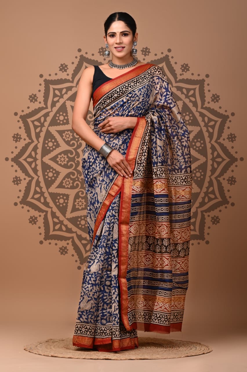 Maheshwari Silk Hand Block Printed Saree – Traditional Rajasthani Handcrafted Saree | House of the Handblock Jaipur