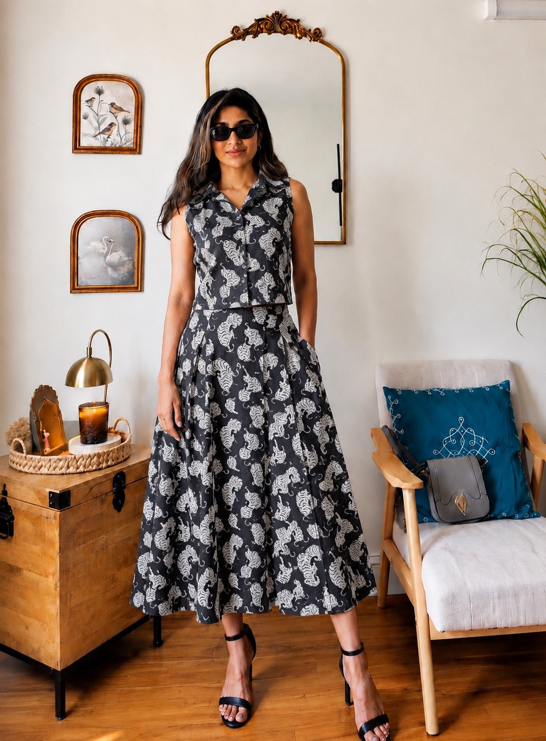 Natural Handblock Printed Cotton Co-Ord Set | Sleeveless Collar Top & Elastic Pocket Skirt | Pure Cotton | XS to 8XL | House Of The Handblock