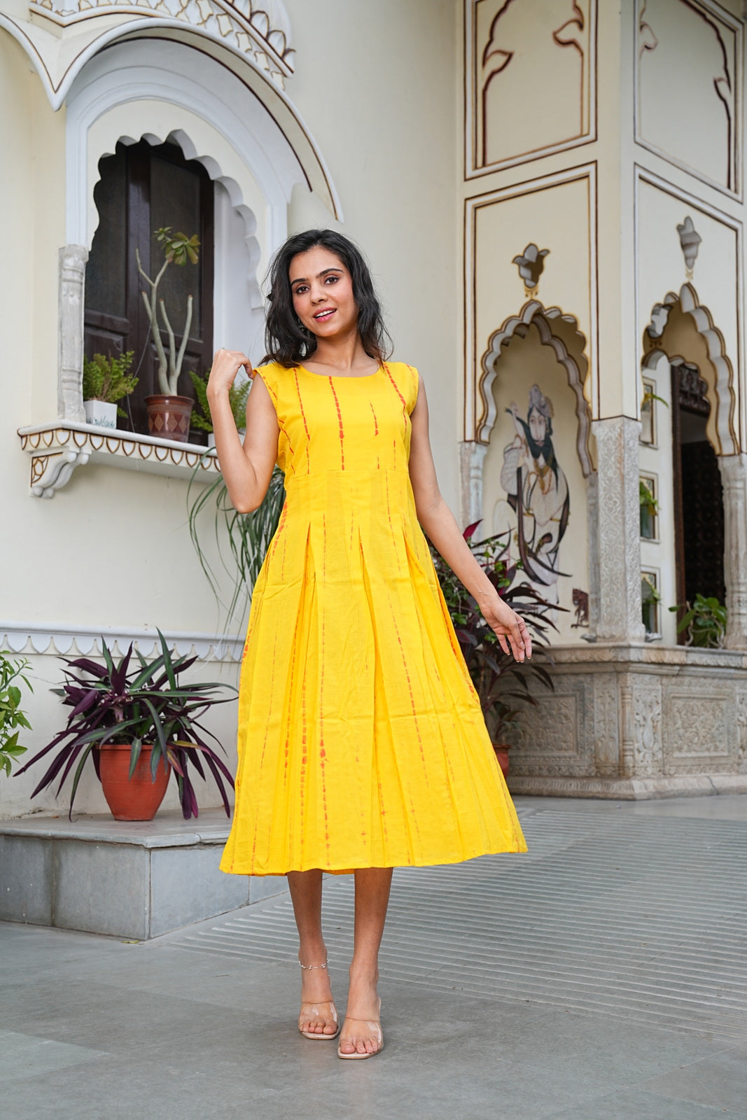 YELLOW Handblock Printed Sleeveless Cotton Midi Dress – House of