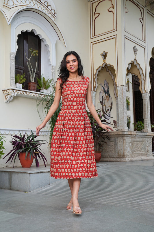 BAGRU Handblock Printed Sleeveless Cotton Midi Dress – House of the Handblock