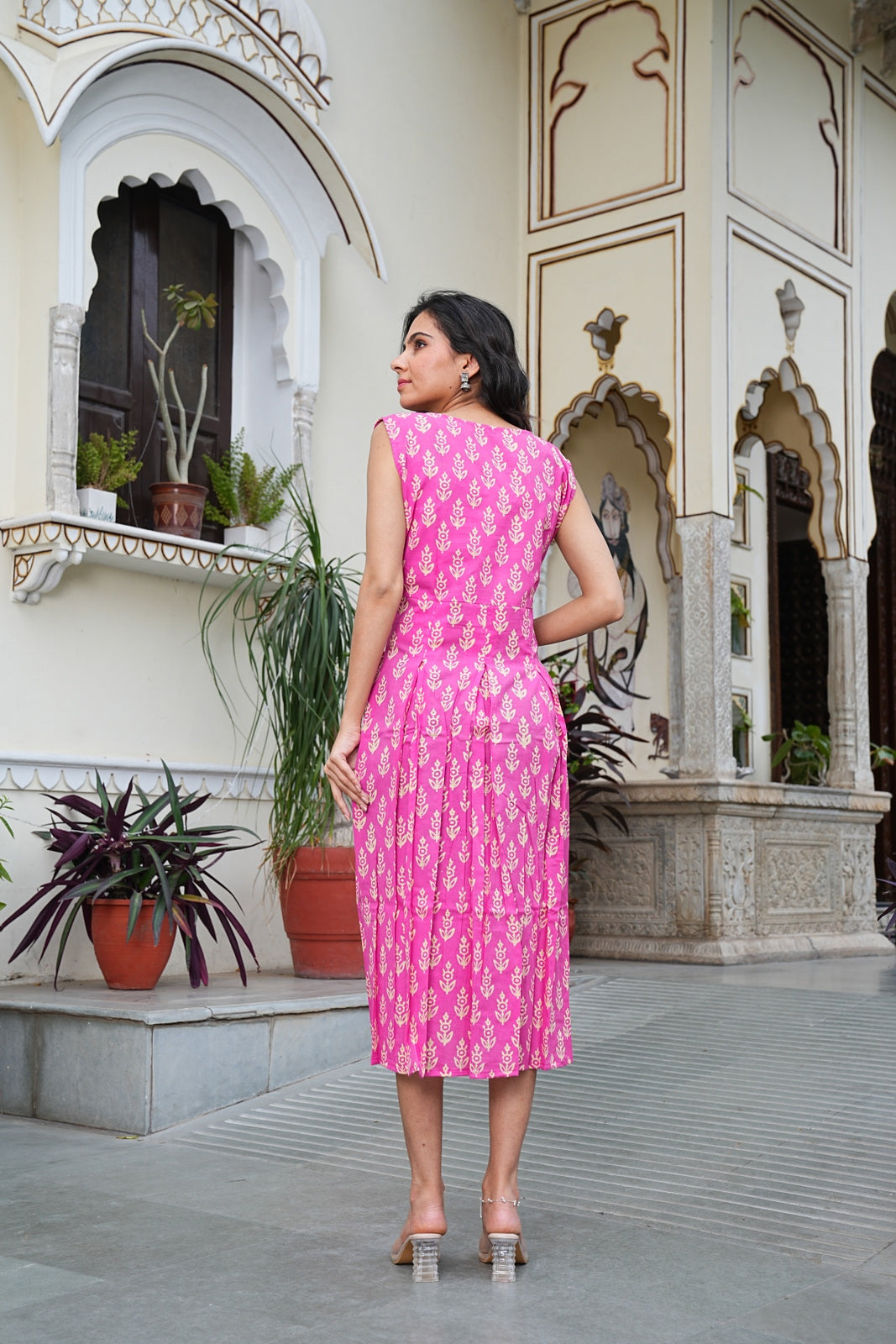 pink Handblock Printed Sleeveless Cotton Midi Dress – House of the Handblock