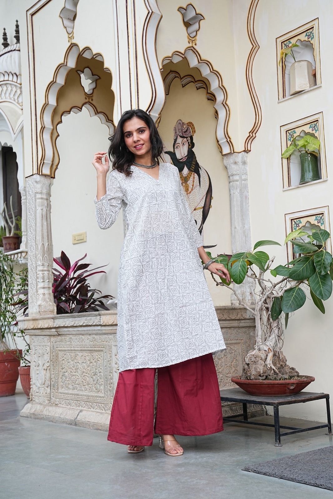 WHITE Handblock Printed Cotton Plazo Set – Earthy Elegance by House of the Handblock