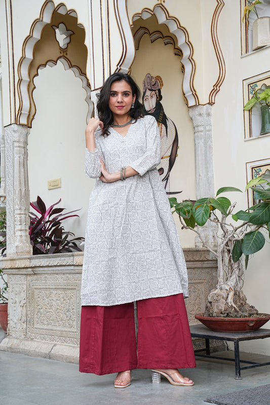 WHITE Handblock Printed Cotton Plazo Set – Earthy Elegance by House of the Handblock