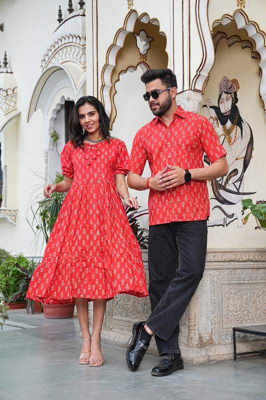 Couple Style Combo – Jaipuri Handblock Cotton Dress & Shirt Set