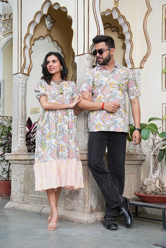 Couple Style Combo – Jaipuri Handblock Cotton Dress & Shirt Set