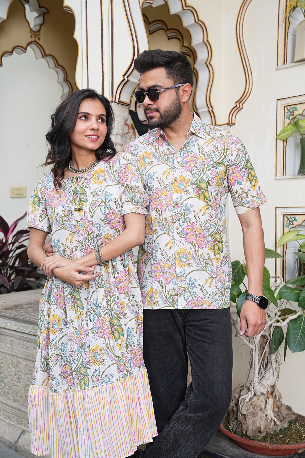 Couple Style Combo – Jaipuri Handblock Cotton Dress & Shirt Set