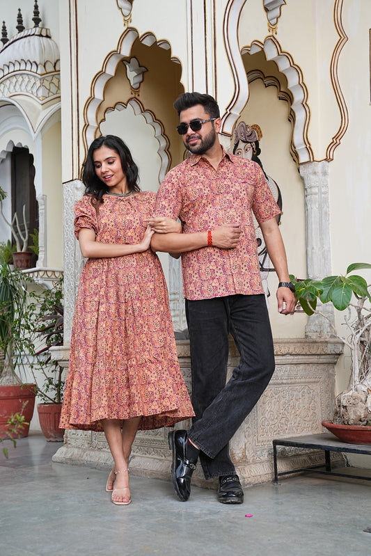 Couple Style Combo – Jaipuri Handblock Cotton Dress & Shirt Set