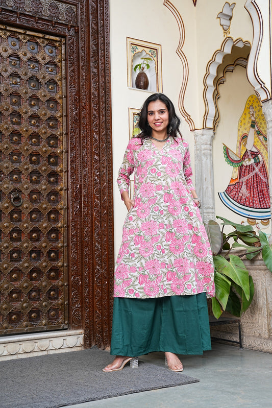 PINK Handblock Printed Cotton Plazo Set – Earthy Elegance by House of the Handblock