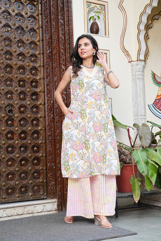 Handblock Printed Cotton Sleeveless Plazo Set – Earthy Elegance by House of the Handblock