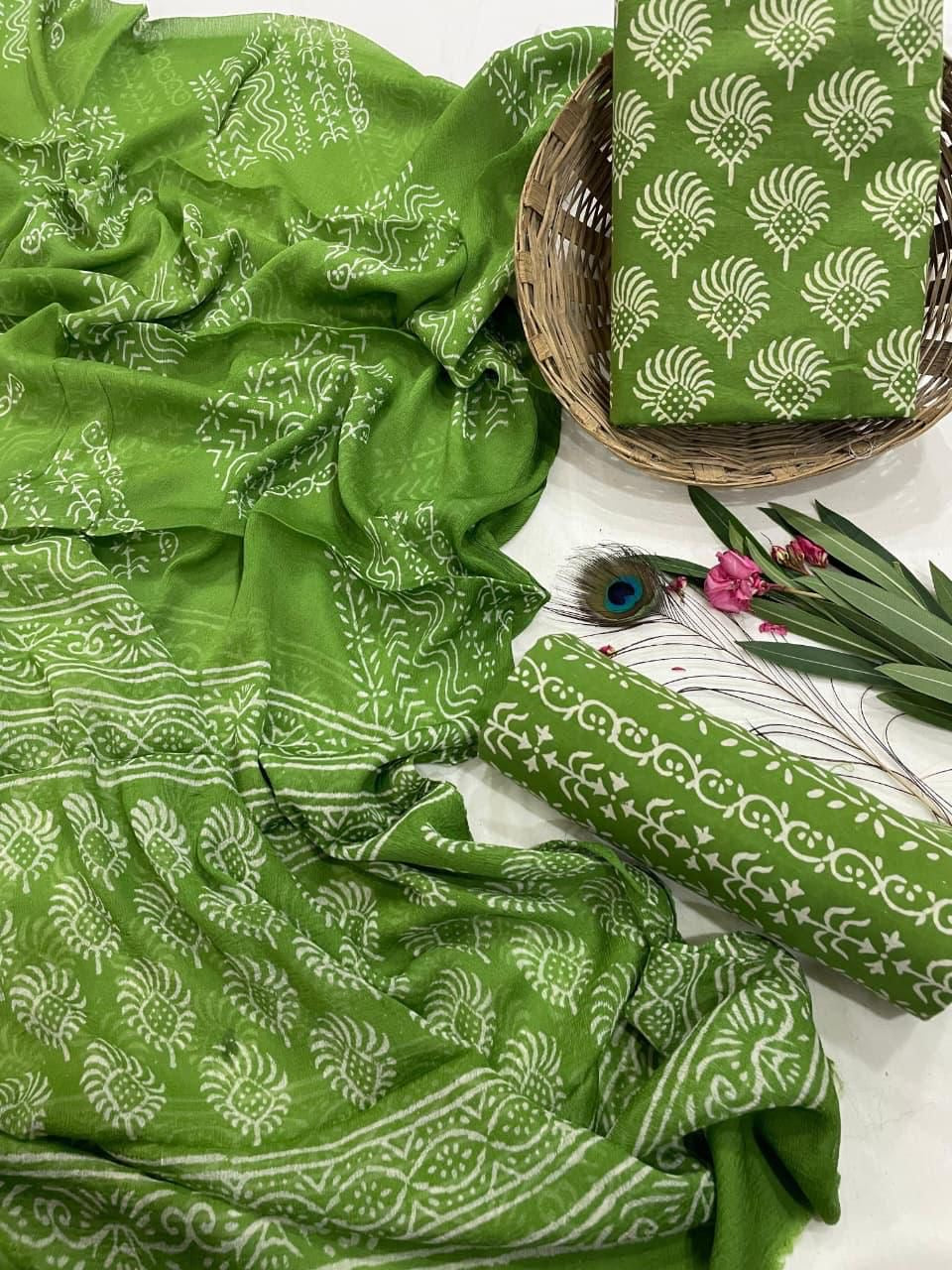 Cotton Suit Set with Pure Chiffon Dupatta and Cotton Bottom | 60×60 Cambric Cotton | House of the Handblock Jaipur