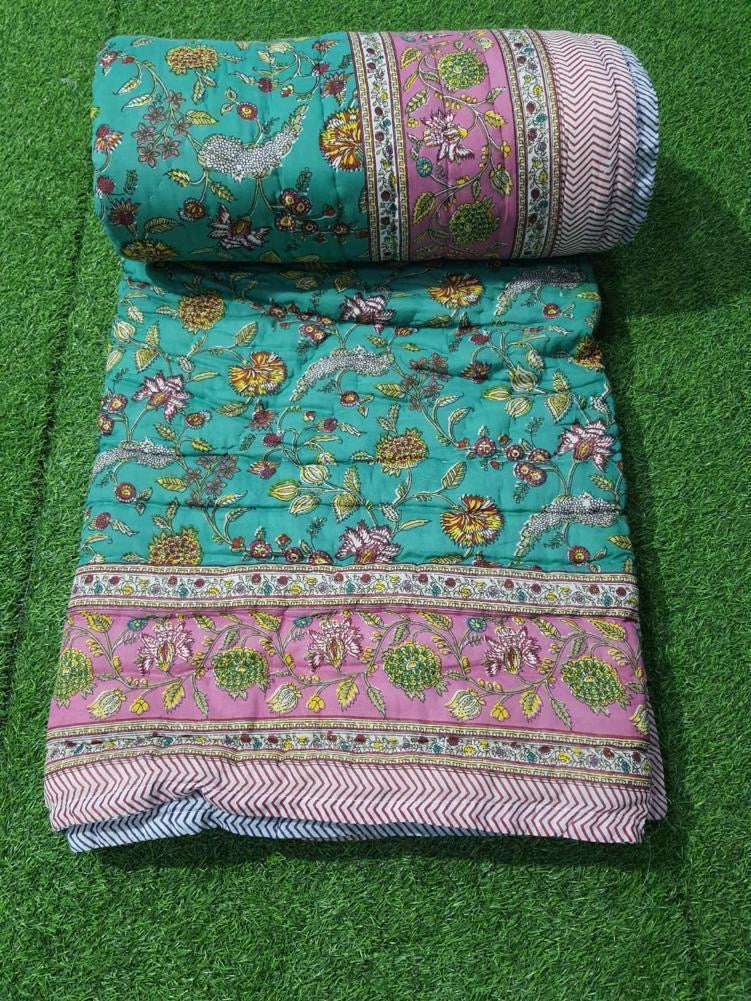 Premium Jaipuri Hand Block Printed Cotton Quilt (Rajai) | Reversible King Size Double Bed Quilt | 90x108 Inches | House Of The Handblock