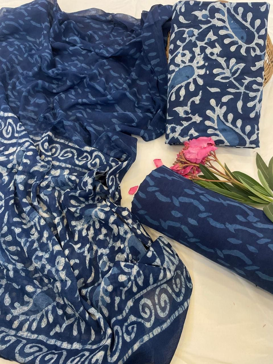 Cotton Suit Set with Pure Chiffon Dupatta and Cotton Bottom | 60×60 Cambric Cotton | House of the Handblock Jaipur