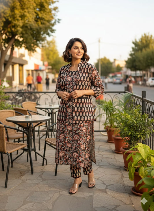 Handblock Printed Winter Kurti Pant Set with Warm Cotton Jacket | Warm Handcrafted Winter Wear