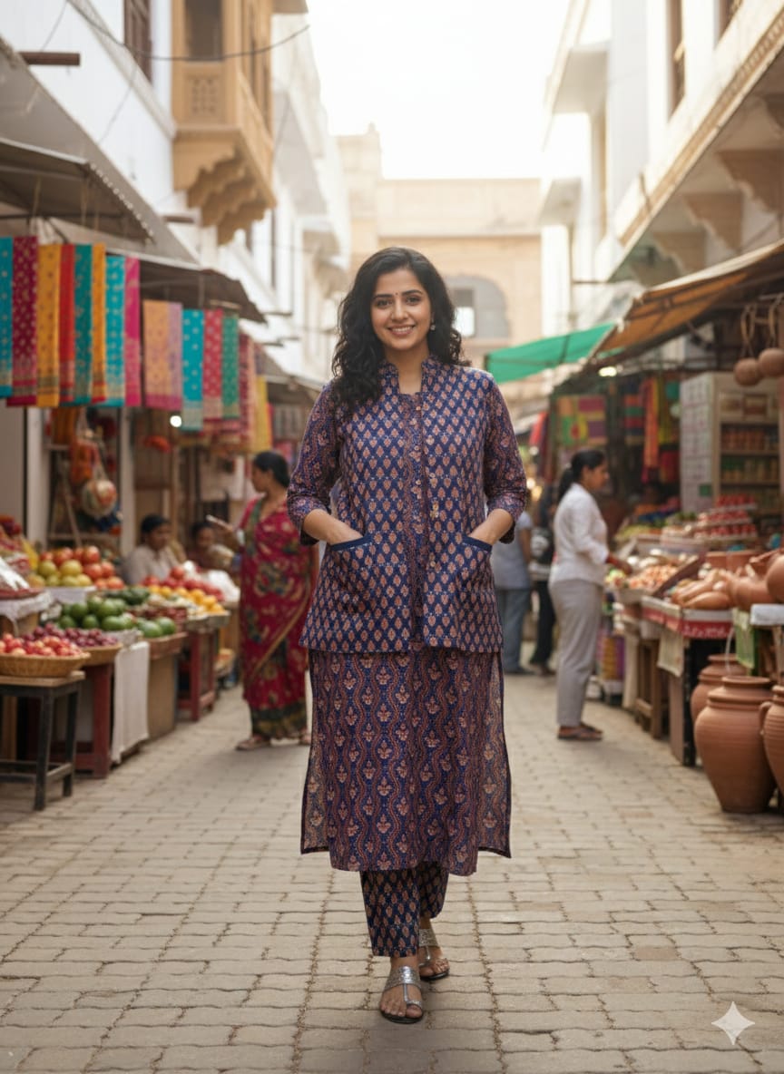 Handblock Printed Winter Kurti Pant Set with Warm Cotton Jacket | Warm Handcrafted Winter Wear