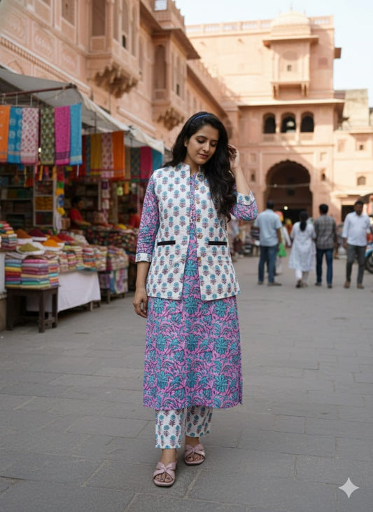 Handblock Printed Winter Kurti Pant Set with Warm Cotton Jacket | Warm Handcrafted Winter Wear