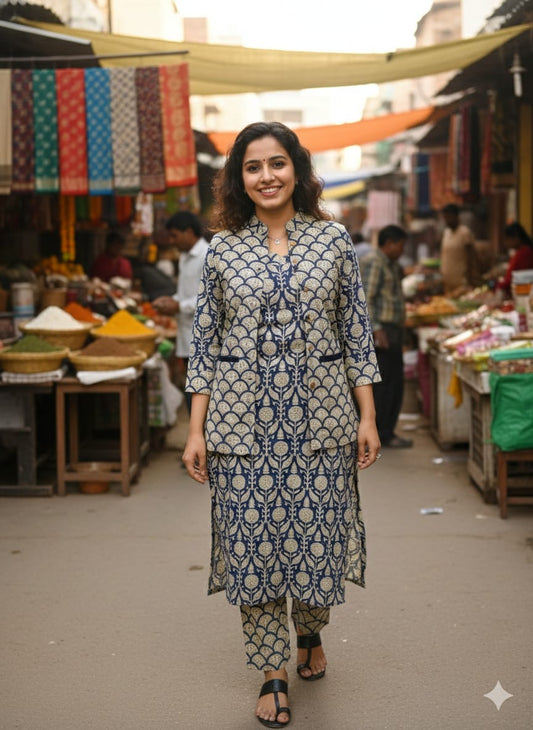 Handblock Printed Winter Kurti Pant Set with Warm Cotton Jacket | Warm Handcrafted Winter Wear