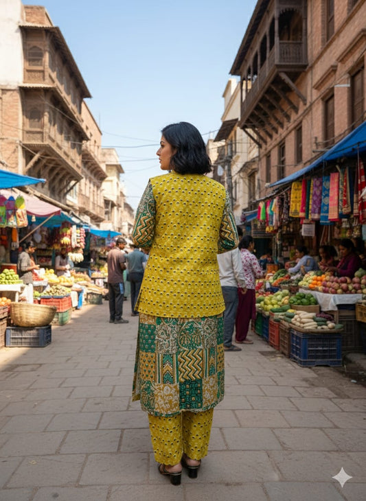 Handblock Printed Winter Kurti Pant Set with Warm Cotton Jacket | Warm Handcrafted Winter Wear