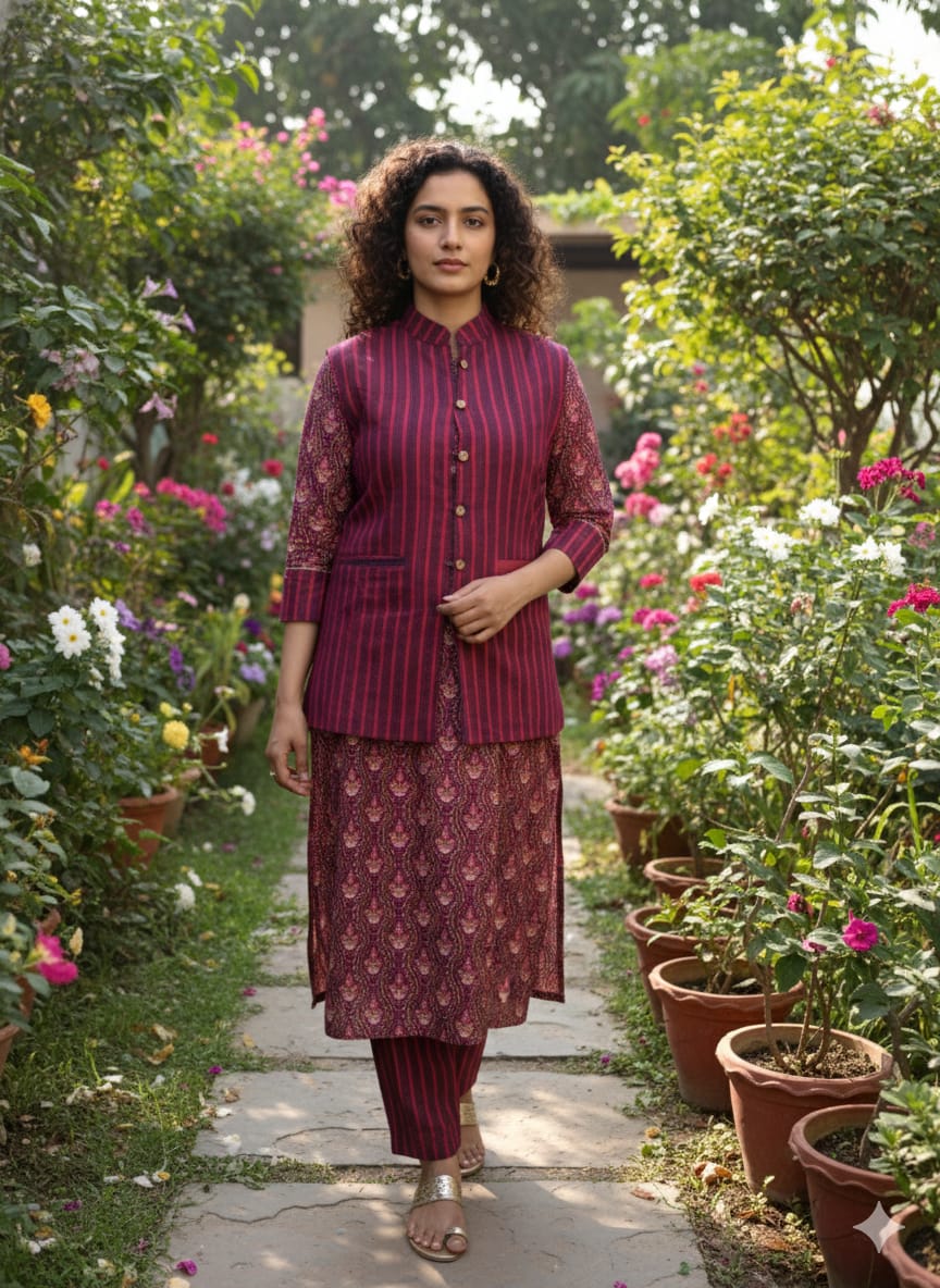 Handblock Printed Winter Kurti Pant Set with Warm Cotton Jacket | Warm Handcrafted Winter Wear