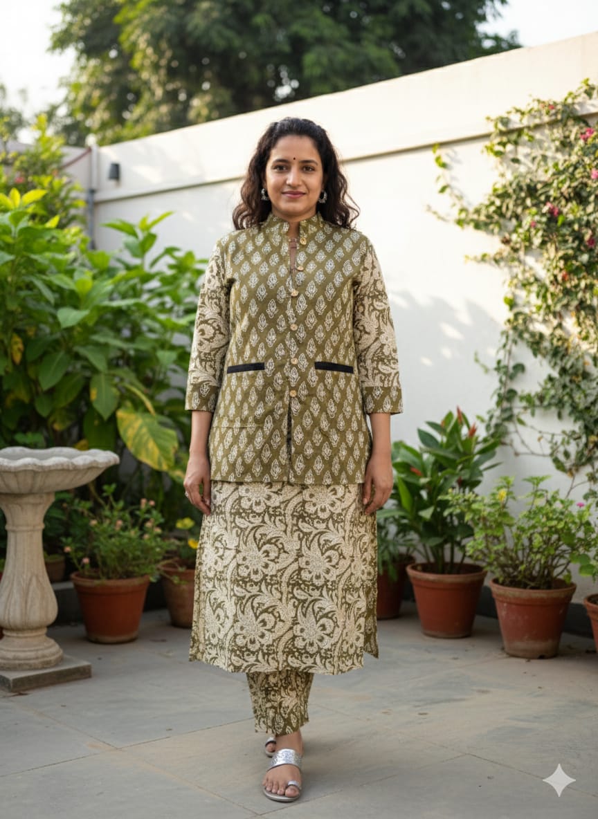 Handblock Printed Winter Kurti Pant Set with Warm Cotton Jacket | Warm Handcrafted Winter Wear