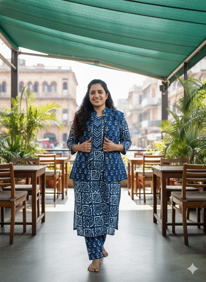 Handblock Printed Winter Kurti Pant Set with Warm Cotton Jacket | Warm Handcrafted Winter Wear