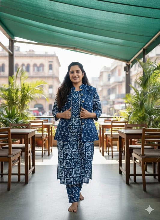 Handblock Printed Winter Kurti Pant Set with Warm Cotton Jacket | Warm Handcrafted Winter Wear