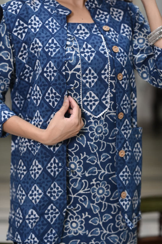 Handblock Printed Winter Kurti Pant Set with Warm Cotton Jacket | Warm Handcrafted Winter Wear
