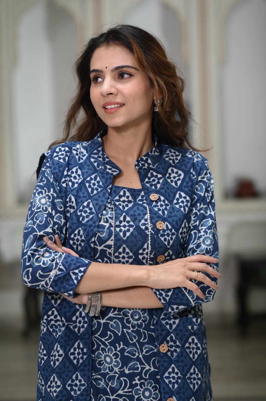 Handblock Printed Winter Kurti Pant Set with Warm Cotton Jacket | Warm Handcrafted Winter Wear