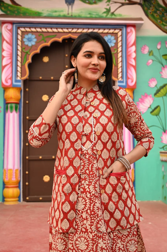 Handblock Printed Winter Kurti Pant Set with Warm Cotton Jacket | Warm Handcrafted Winter Wear
