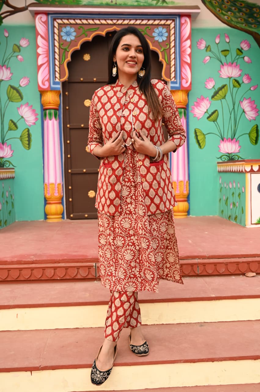 Handblock Printed Winter Kurti Pant Set with Warm Cotton Jacket | Warm Handcrafted Winter Wear