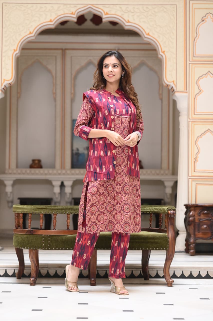 Handblock Printed Winter Kurti Pant Set with Warm Cotton Jacket | Warm Handcrafted Winter Wear