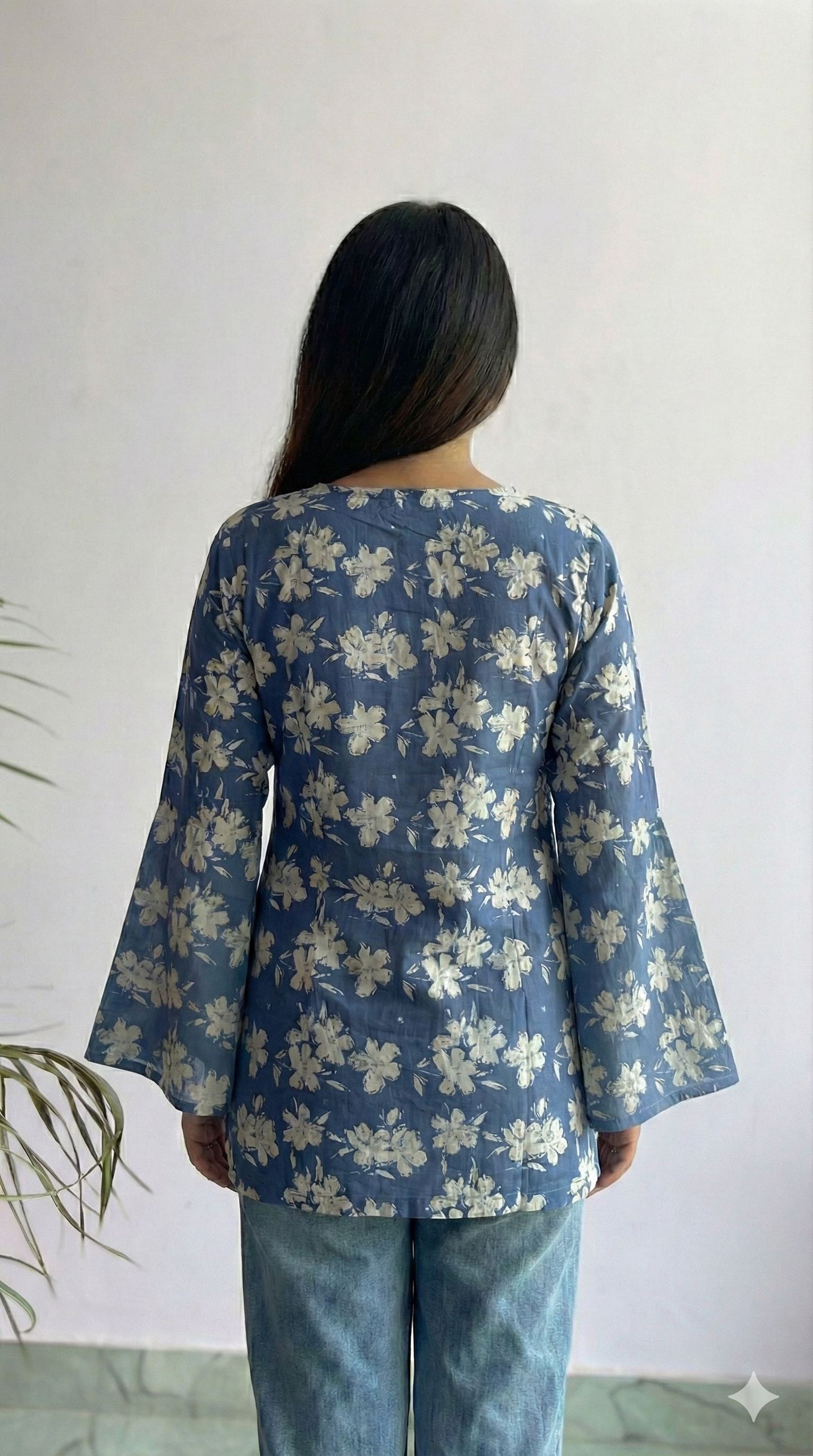 Handcrafted Handblock Cotton Bell Sleeve V-Neck Top – Stylish Short Top for Daily Wear