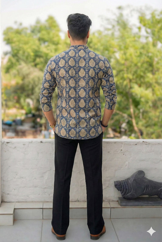 Handblock Printed Cotton Men’s Short Kurta – Premium Fit | Mandrain Collar | XS–8XL