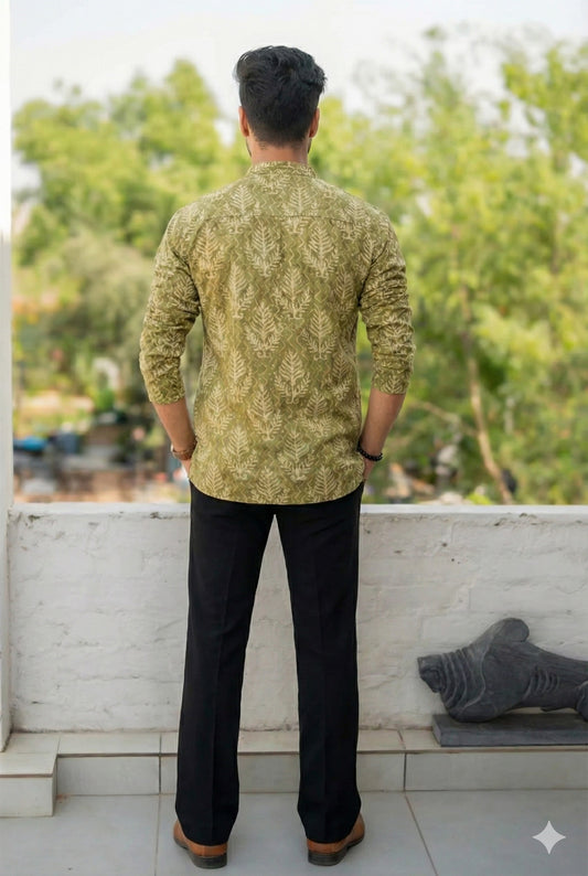 Handblock Printed Cotton Men’s Short Kurta – Premium Fit | Mandrain Collar | XS–8XL