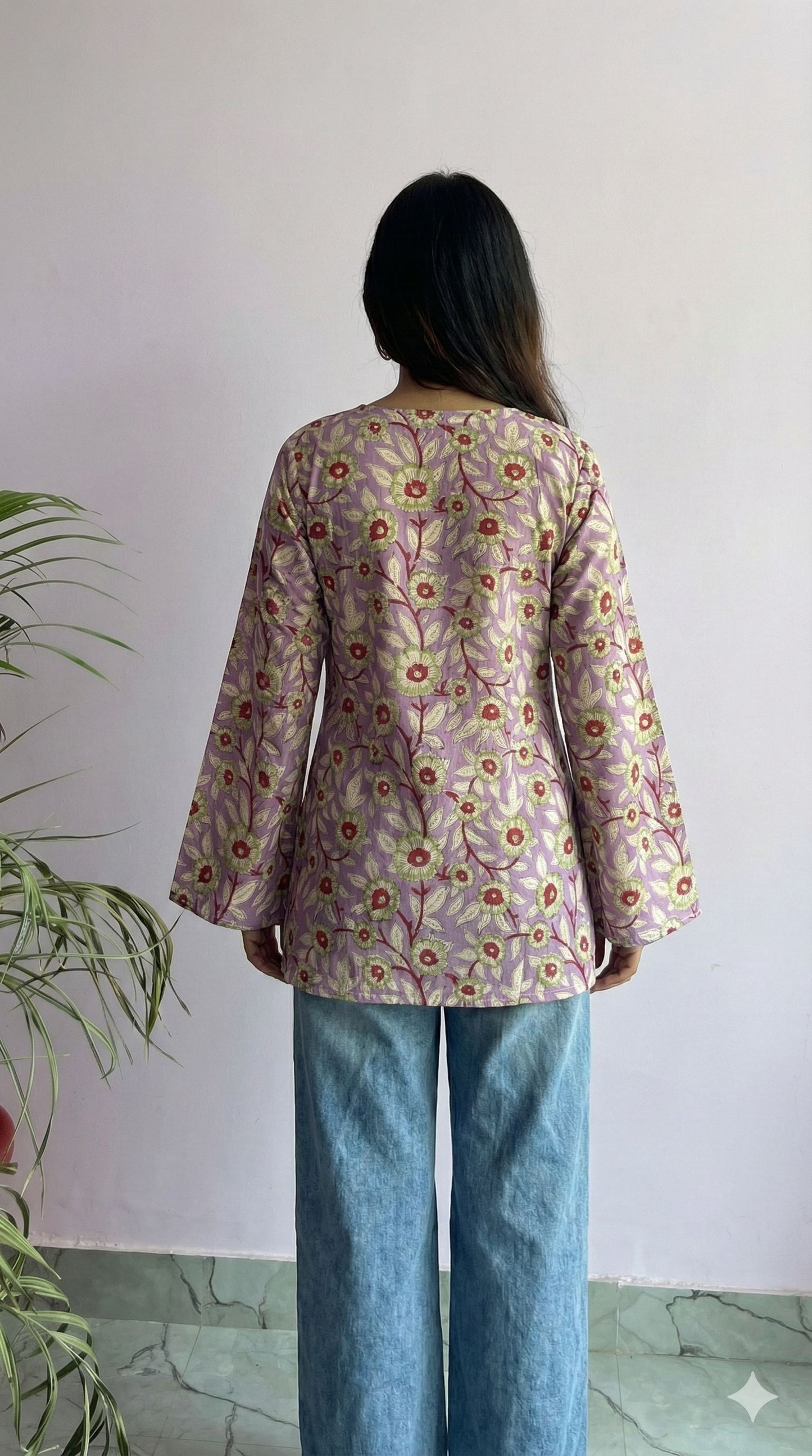 Handcrafted Handblock Cotton Bell Sleeve V-Neck Top – Stylish Short Top for Daily Wear