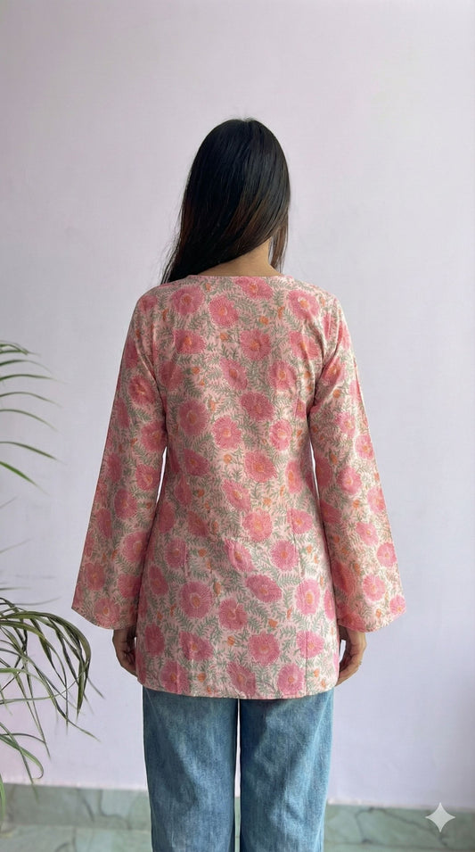 Handcrafted Handblock Cotton Bell Sleeve V-Neck Top – Stylish Short Top for Daily Wear