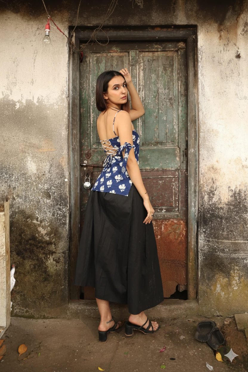 Trendy Corset Sleeveless Short Cotton Top with Back Ties | House of the Handblock