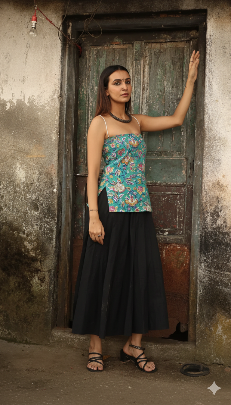 Trendy Corset Sleeveless Short Cotton Top with Back Ties | House of the Handblock