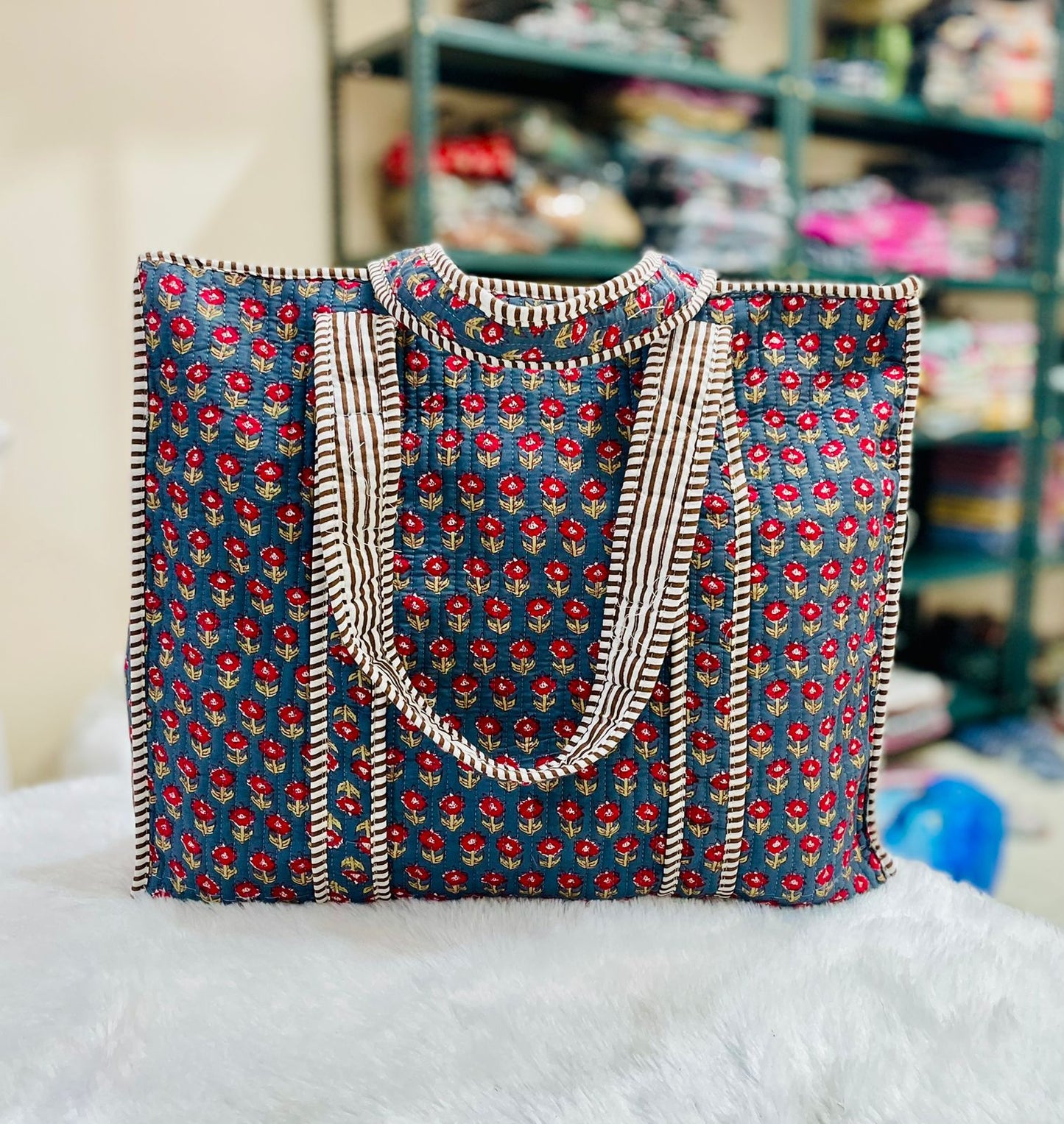Quilted Handblock Printed Shopping Jhola |SIZE 18*18" Lightweight, Spacious with Inside Pocket & Strong Handles – Made in India