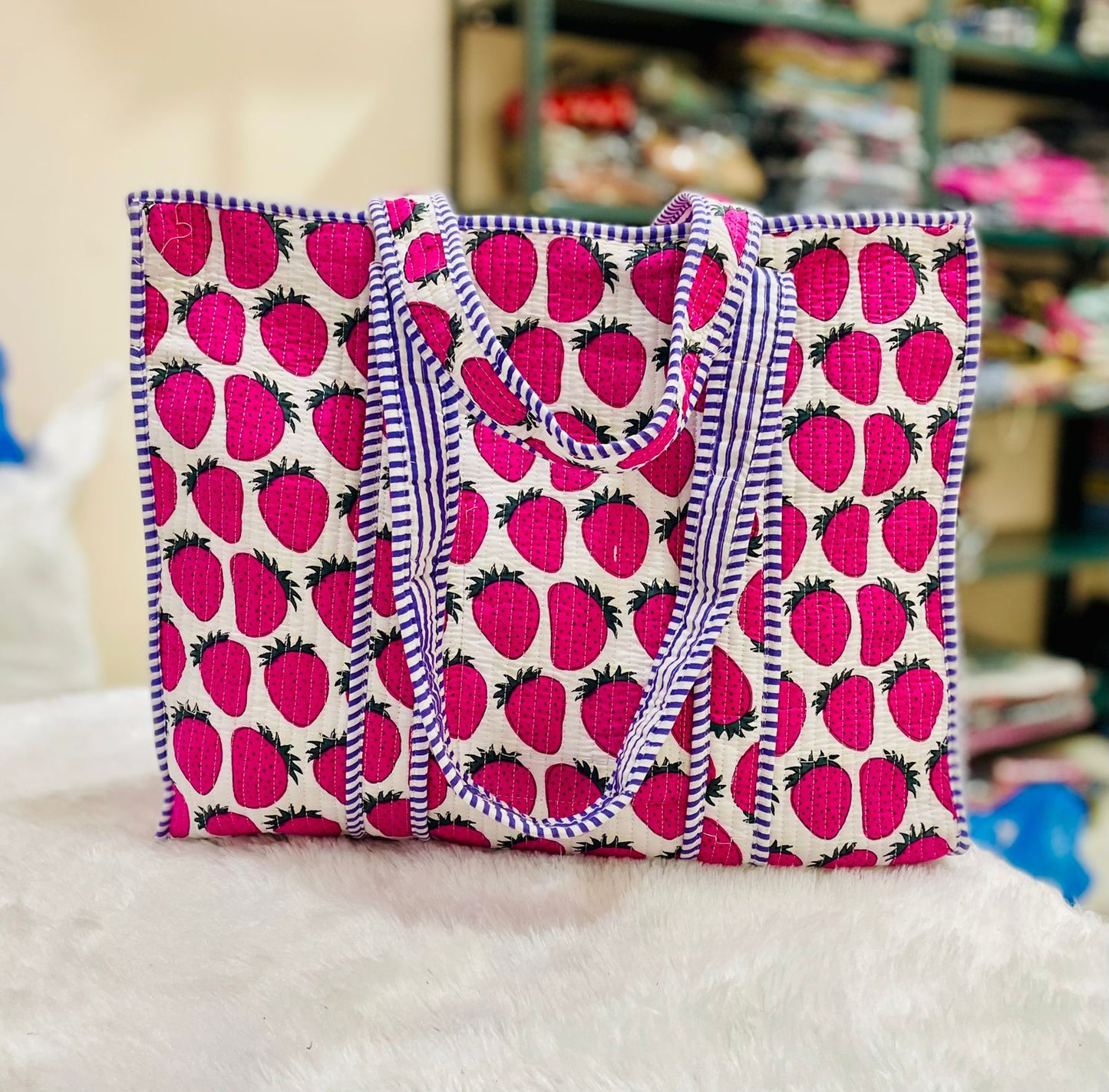 Quilted Handblock Printed Shopping Jhola |SIZE 18*18" Lightweight, Spacious with Inside Pocket & Strong Handles – Made in India