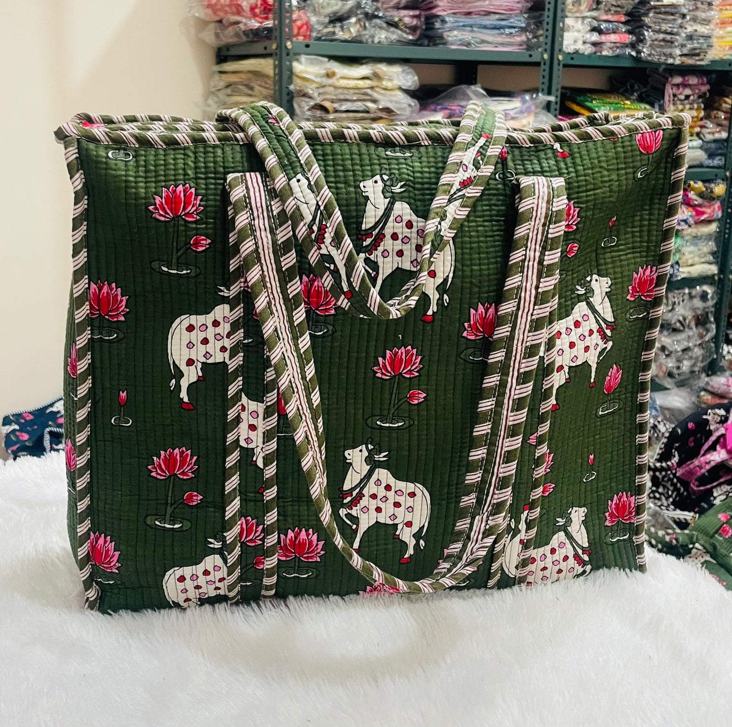 Quilted Handblock Printed Shopping Jhola |SIZE 18*18" Lightweight, Spacious with Inside Pocket & Strong Handles – Made in India