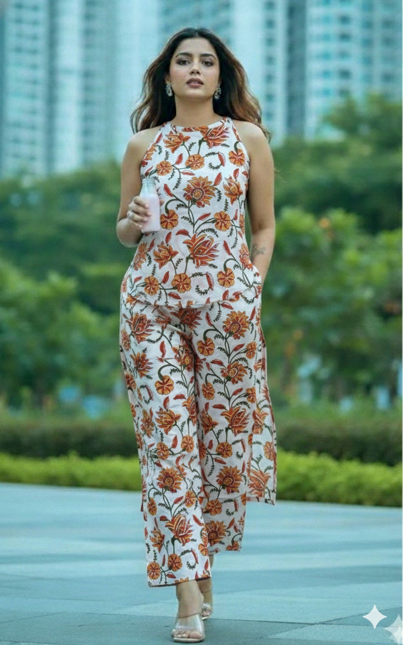 Trending Handblock Halter Neck Kurta Plazo Set in Pure Jaipuri Cotton – House of the Handblock