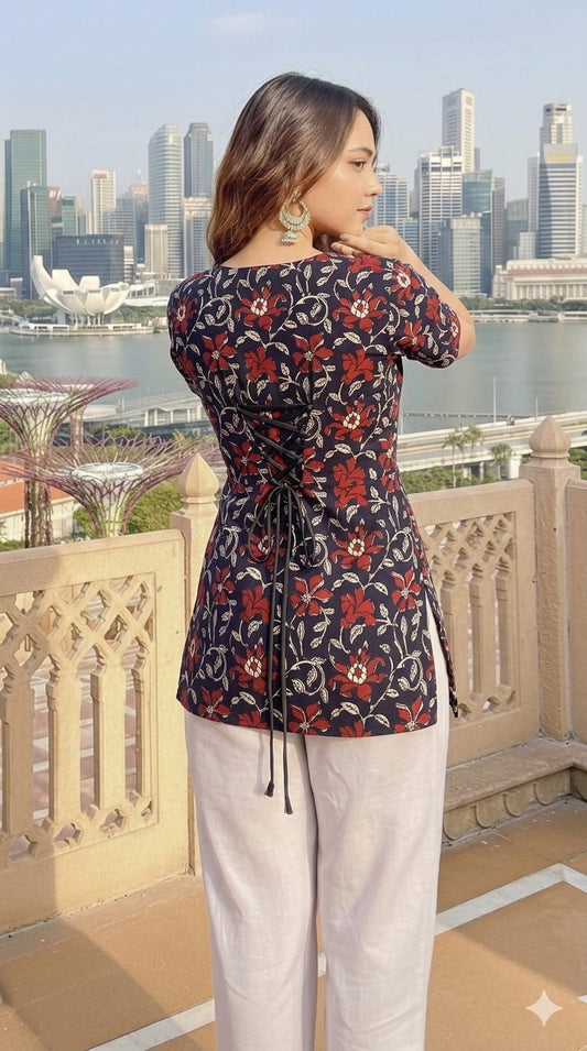 Trending Laila Corset in Pure Handblock Cotton | Adjustable Back Lace & Neck Tie | Sizes XS to 7XL | Handmade by House of the Handblock Jaipur