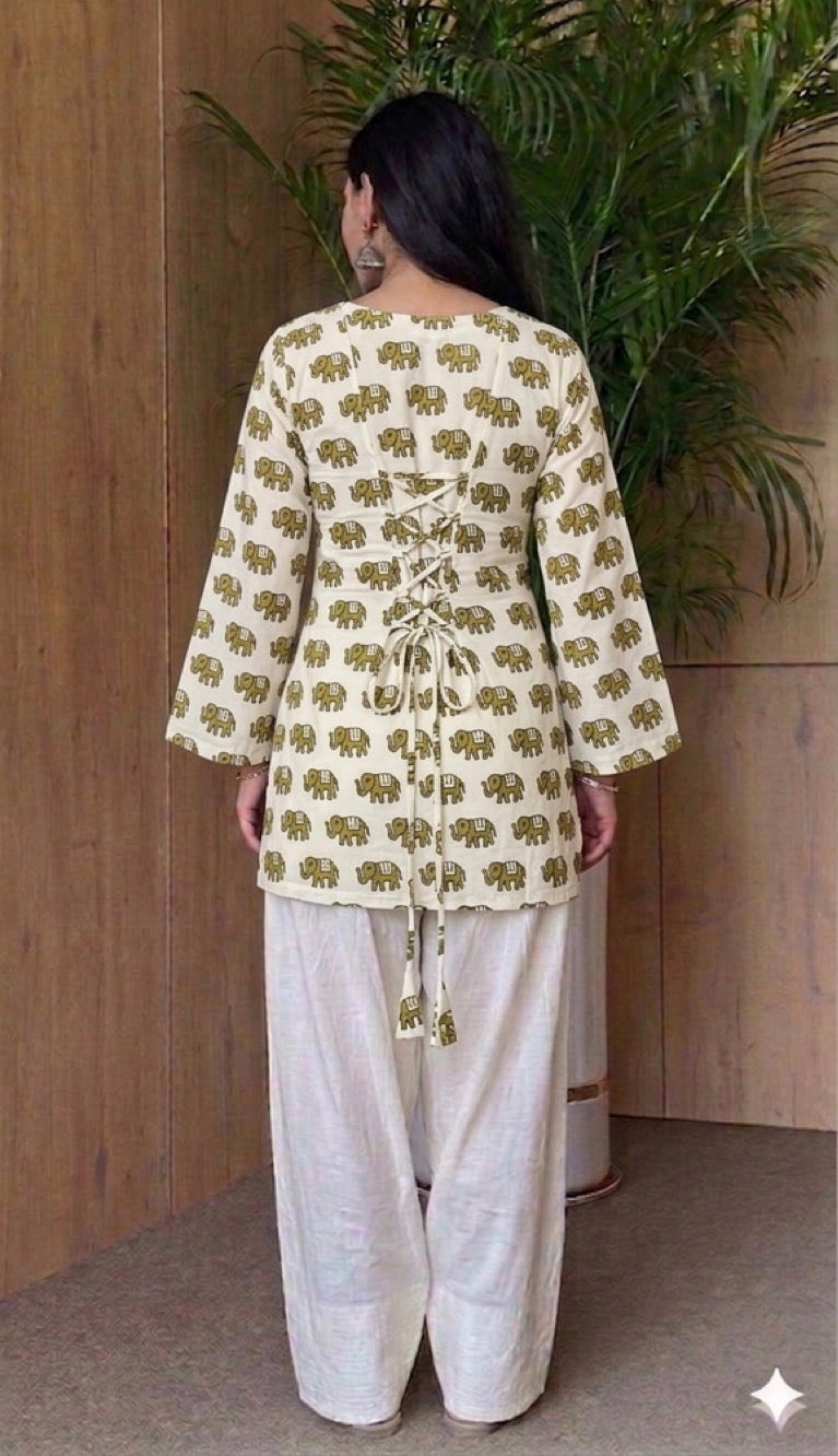 Handblock Printed Pure Cotton Corset Kurti with V-Cut Neck & Back String | Bell Sleeves | XS to 7XL | House of the Handblock Jaipur