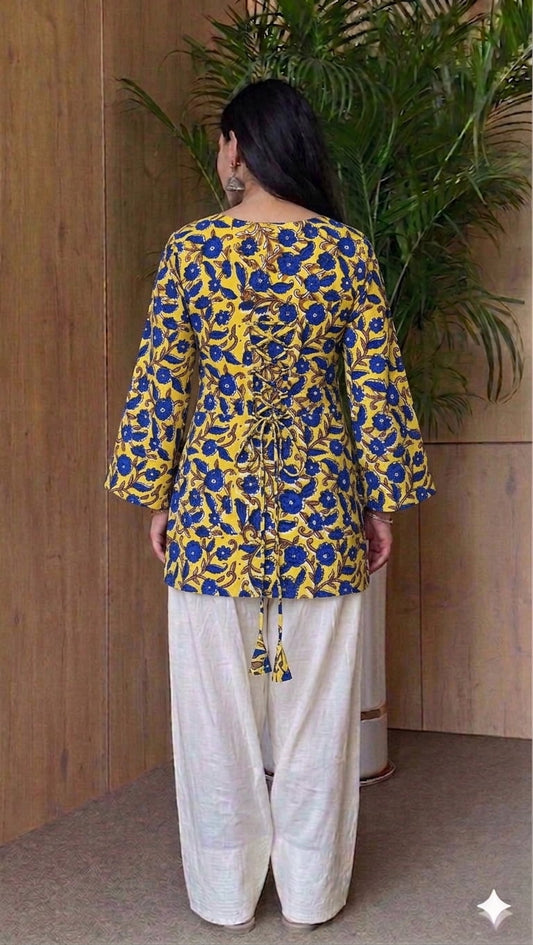 Handblock Printed Pure Cotton Corset Kurti with V-Cut Neck & Back String | Bell Sleeves | XS to 7XL | House of the Handblock Jaipur