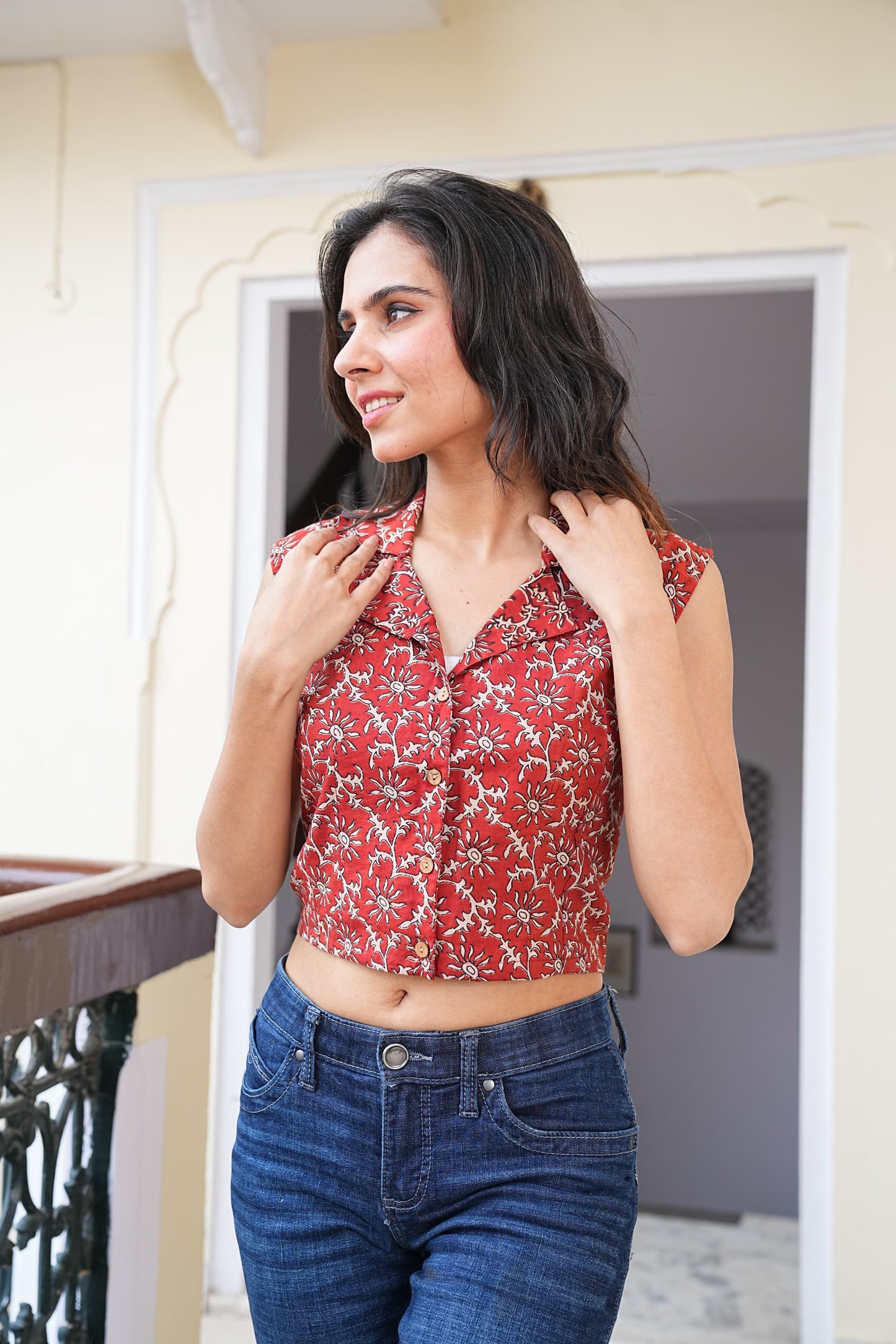 Women's Handblock Crop Top Stitched Blouse – Pure Cotton, Naturally Dyed