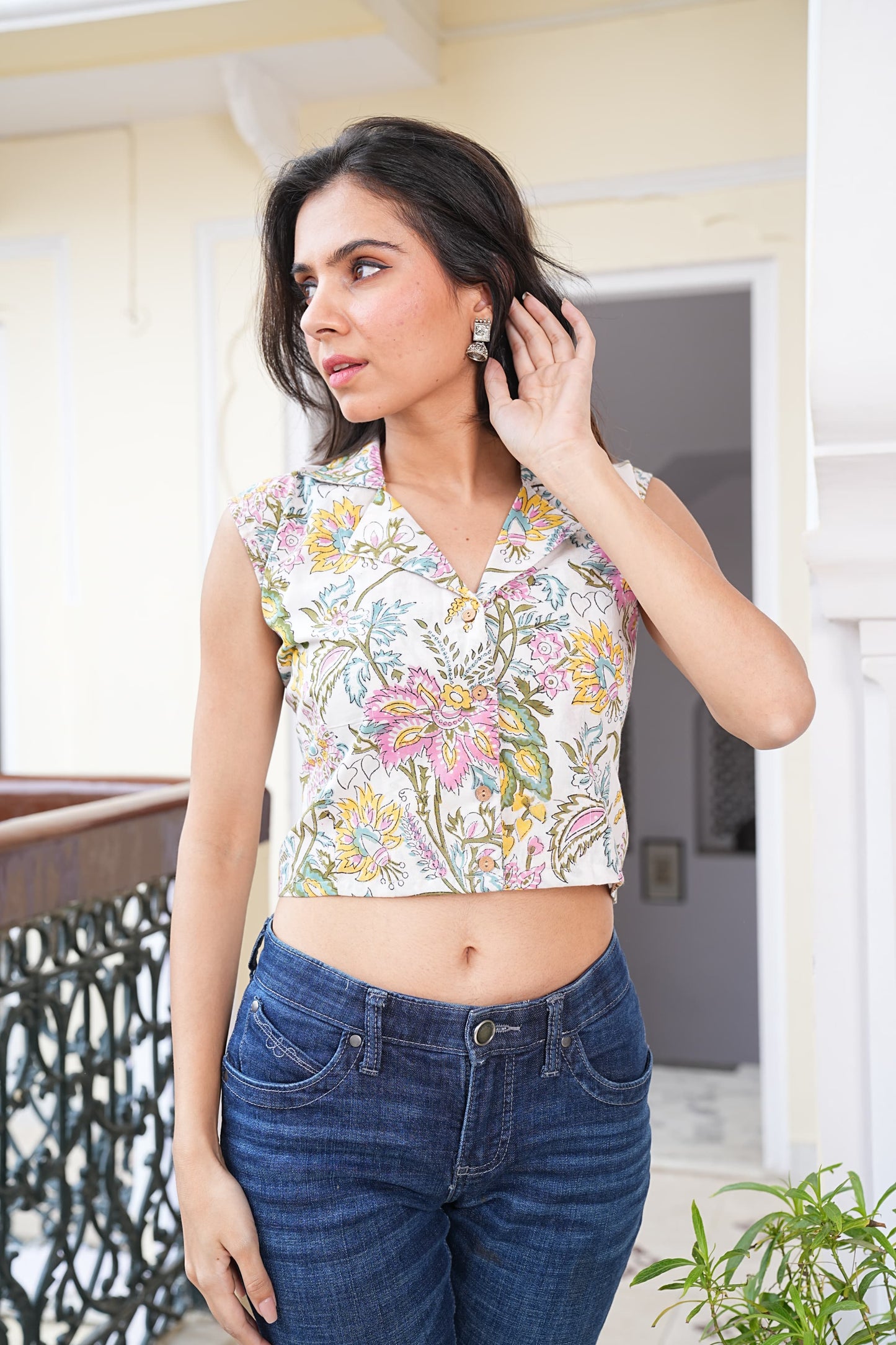 Women's Handblock Crop Top Stitched Blouse – Pure Cotton, Naturally Dyed