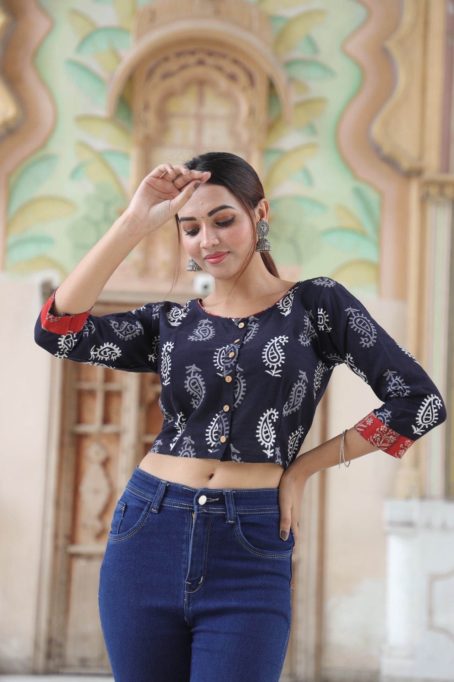 Women's Handblock Crop Top Stitched Blouse – Pure Cotton, Naturally Dyed