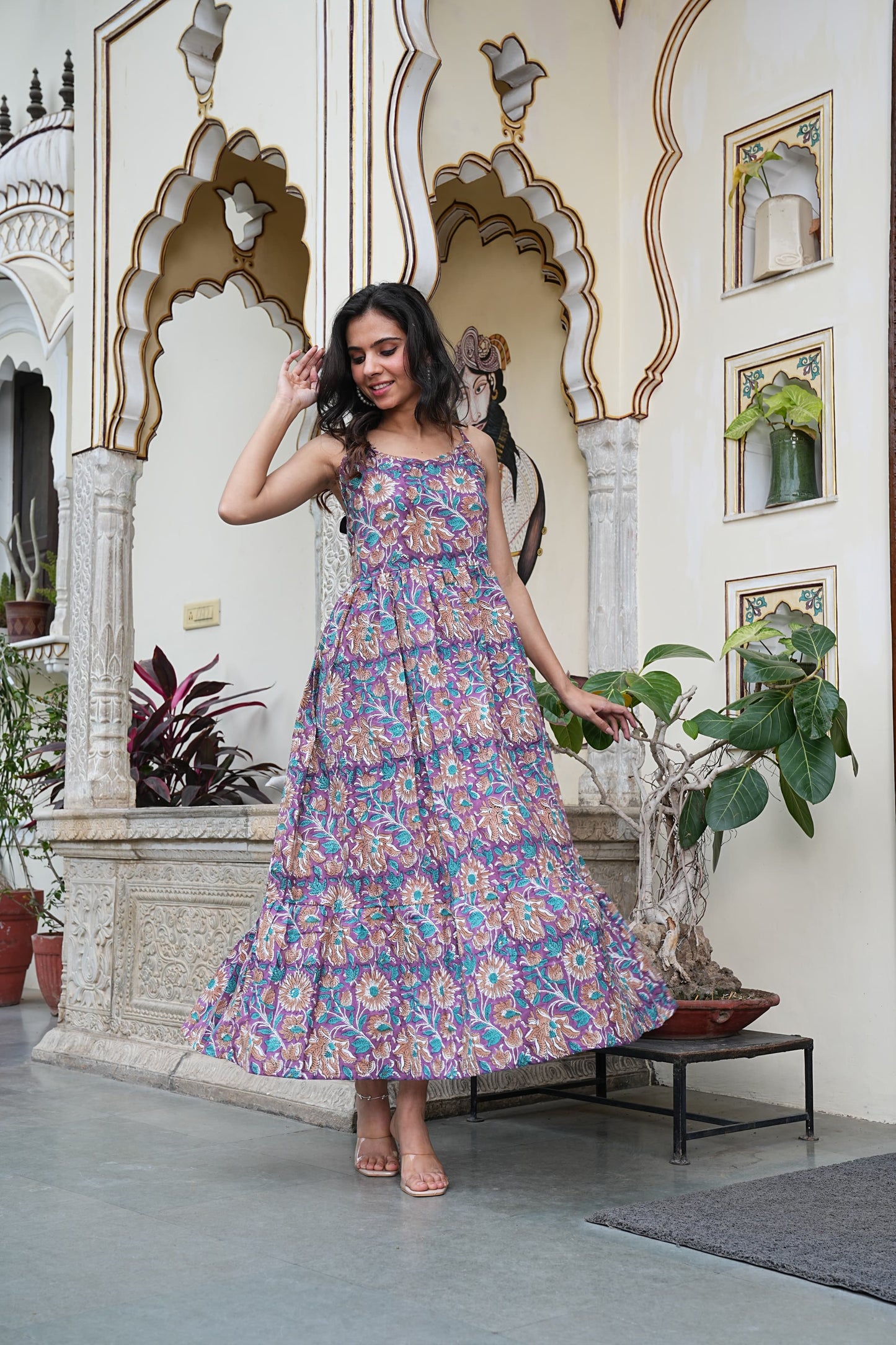 Summer-Ready Handblock Long Dress – Sleeveless Bagru Print-Noodle Strap One Piece