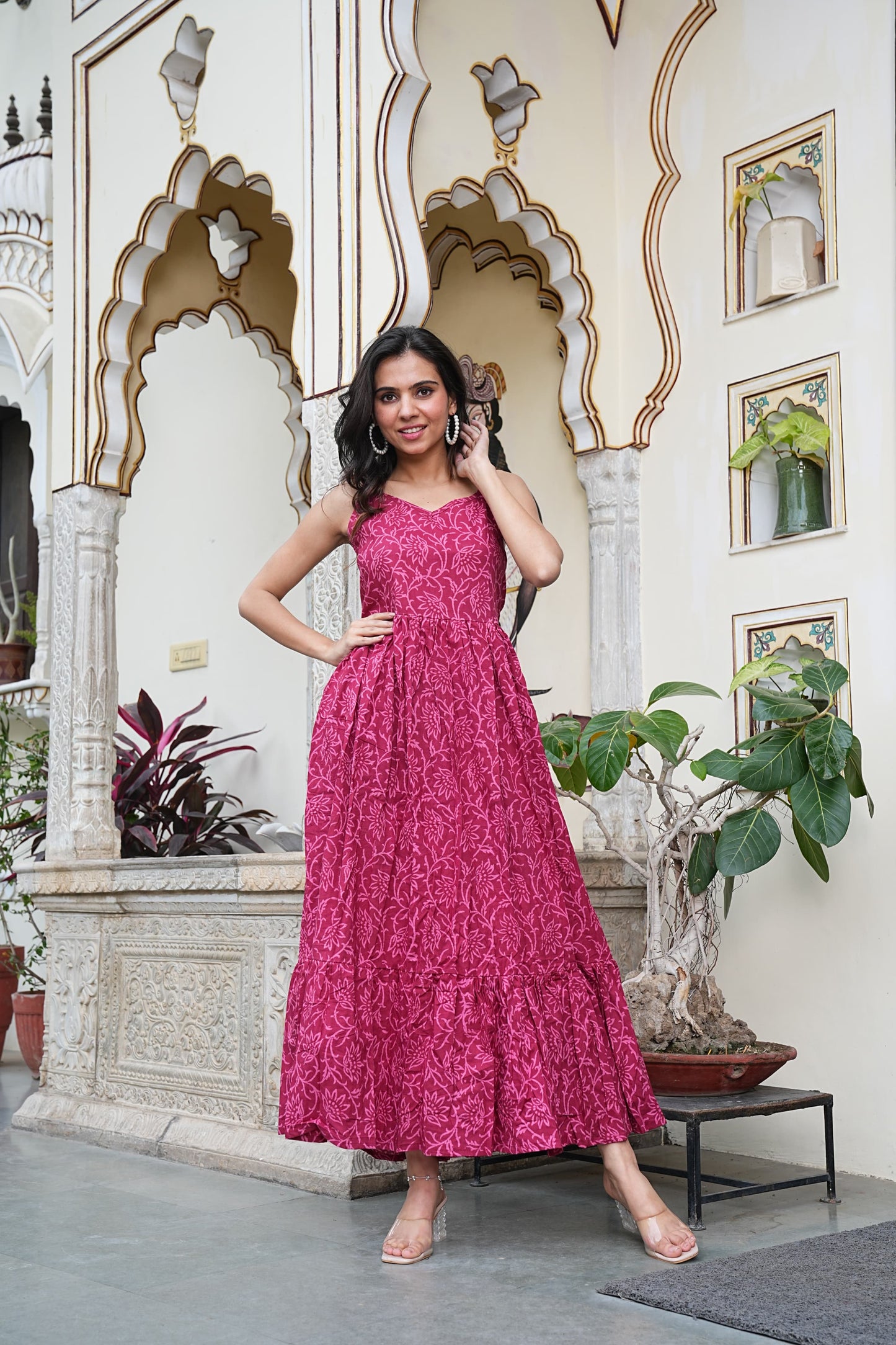 Summer-Ready Handblock Long Dress – Sleeveless Bagru Print-Noodle Strap One Piece